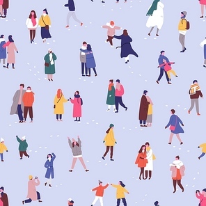 People in winter clothes seamless pattern. Tiny people in warm outwear male and female faceless characters decorative backdrop. Family winter season outdoor activity background. Wrapping paper design
