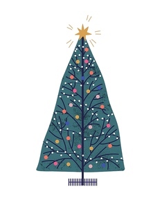 Christmas tree hand drawn vector illustration. New Year holiday attribute with toys and garlands. Decorated Xmas fir color drawing. Winter festive item isolated on white 