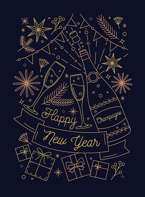 Happy New Year greeting card vector template. Winter holidays congratulation. Festive linear items. Champagne bottle and presents. New Year celebration. Postcard, poster line art design