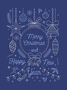 merry christmas and happy new year greeting card vector template.  festive attributes. winter holidays congratulation. new year tree linear toys. xmas celebration. postcard design