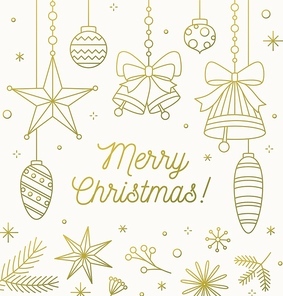 Line art festive Christmas greeting card. Outline postcard for winter holidays. Monochrome contour golden decorative elements, baubles and bells on light background. Simple vector illustration