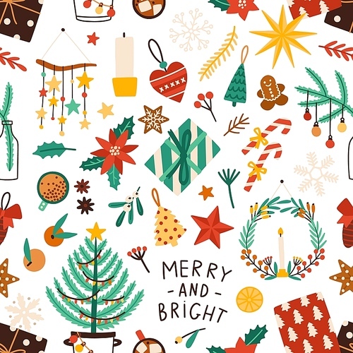Christmas holiday flat vector seamless pattern. Winter season symbols texture. Traditional xmas attributes decorative backdrop. Christmas tree toys, gingerbread cookies, presents illustration