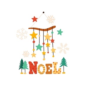 Christmas wind chimes flat vector illustration. Winter season symbol and Noel typography composition. Xmas tree toy with stars and snowflakes isolated design element. New Year greeting card, postcard