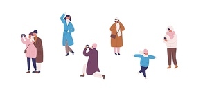 Photographing people in warm clothes flat vector illustrations set. Male and female faceless characters taking photos. Selfie posing. Winter season outdoor activity. Family rest, friendly walk