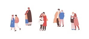 Hugging couples in warm clothes flat vector illustrations set. Winter season outdoor date. Boys and girls lovers faceless characters. Meeting, embrace, rendezvous. Walking pairs in love collection