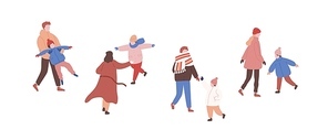 Walking families in warm clothes flat vector illustrations set. Playing children and parents faceless characters. Winter season outside activity. Family entertainment. Outdoor rest, stroll with child