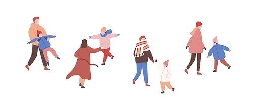 Walking families in warm clothes flat vector illustrations set. Playing children and parents faceless characters. Winter season outside activity. Family entertainment. Outdoor rest, stroll with child