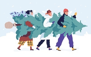 Happy friends carrying Christmas tree flat vector illustration. Merry people with fir tree outdoors. Traditional Xmas shopping. Festive market. Winter season holiday preparation concept
