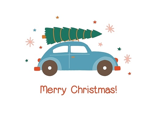 Car with Christmas tree flat vector illustration. Automobile carrying special Xmas delivery isolated on white . Winter holiday market. Festive holiday greeting card, postcard design element