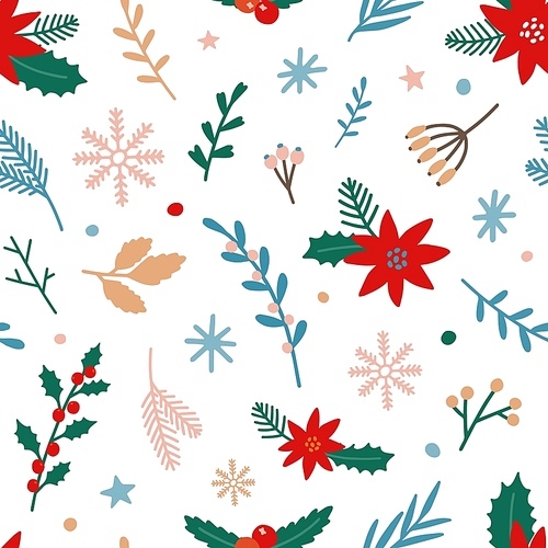 Traditional Xmas plants flat vector seamless pattern. Mistletoe, poinsettia, winterberry on white background. Christmas flowers, branches, berries backdrop. Wallpaper, textile, wrapping paper design