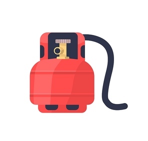 Flammable gas red tank flat vector illustration. Lng cylinder for stove. Compressed gas storage, industrial metal balloon with valve. Butane, propane canister isolated on white 