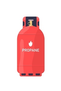 Propane red tank flat vector illustration. Industrial lng cylinder. Compressed, liquefied gas storage, metal balloon with valve. Steel canister, container for flammable gas isolated on white