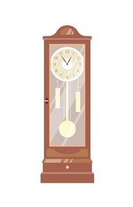 Pendulum clock vector illustration. Vintage timepiece colorful flat design element. Old-fashioned chimes, retro interior item. Antiquarian wooden watch isolated on white 