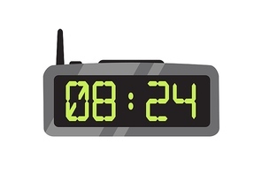Electronic alarm clock flat vector illustration. Contemporary digital timepiece. Radio clock with antenna color design element. Modern battery time counter isolated on white 