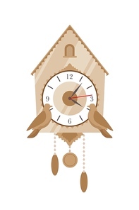 Cuckoo clock flat vector illustration. Vintage time measuring device with two decorative birds isolated on white . Old fashioned clock mechanism. Classic interior design element