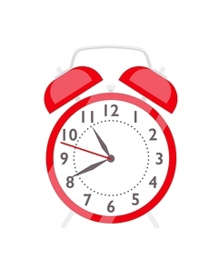 Red alarm clock flat vector illustration. Retro style clock for waking up. Cartoon vintage timepiece with white clockface and bells. Irritating morning wakeup reminder device isolated on white