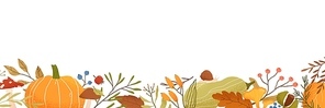 Fall flat vector . Autumn decorative horizontal illustration with pumpkins and place for text. Dried leaves drawing isolated on white. Fall season backdrop with forest foliage and berries