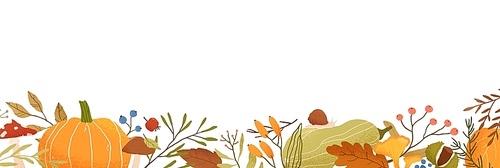 Fall flat vector . Autumn decorative horizontal illustration with pumpkins and place for text. Dried leaves drawing isolated on white. Fall season backdrop with forest foliage and berries