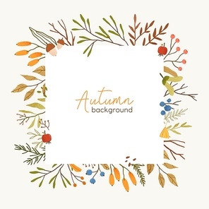 Autumn botanical square frame flat vector template. Leaves and branches border with place for text. Fall season social media banner layout. Leafage, forest berries and mushroom illustration