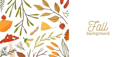Fall season flat vector background. Autumn botanical colorful banner template with place for text. Dried leaves, twigs and mushroom decorative backdrop. Natural forest leafage illustration