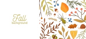 Autumn forest flora and fauna flat vector illustration. Decorative fall themed background botanical concept. Seasonal nature banner design with typography. Tree leaves, branches and insects