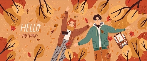 Hello autumn flat banner vector. Postcard layout with couple lying on ground top view. Fall season colorful horizontal illustration. Boyfriend and girlfriend enjoy autumn characters