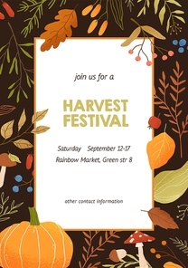 Autumn harvest festival invitation poster flat vector template. Tree branches and leaves botanical banner layout. Forest mushrooms with place for text. Fall season event background design