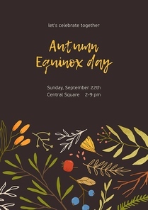 Autumn flat colorful vector background. Fall themed poster template. Seasonal event invitation, advertising flyer layout. Forest dried foliage and berries decorative backdrop with place for text