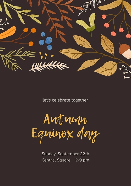 Autumn mood vector background concept. Fall themed flat poster template. Seasonal event invitation, advertising flyer layout. Forest foliage and berries hand drawn illustration with typography
