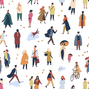 Tiny people in trendy clothes flat vector seamless pattern. Young and old women and men in autumn clothing decorative backdrop. Stylish guys and girls wearing fall season outerwear wallpaper design