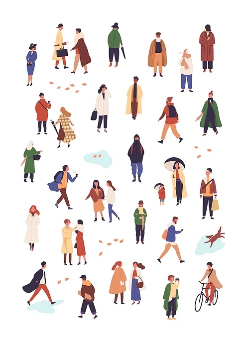 People in autumn apparel flat vector characters set. Young women and men wearing warm trendy fall season clothing. Multicultural guys and girls walking, communicating simple characters collection