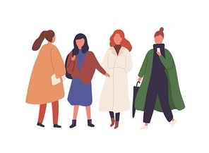 Women in fall season outfits flat vector illustration. Stylish girls walking together isolated on white. Female characters standing in autumn fashionable coats. Students, models in trendy outwear