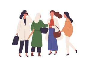 Women in fall season fashionable outfits flat vector illustration. Stylish businesswoman with smartphones and handbags walking together isolated on white. Female characters standing in autumn coats