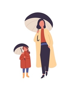 Mother and daughter with umbrellas flat vector illustration. Mom and child walking under rain isolated on white. Female characters standing in autumn fashionable coats. Fall rainy weather