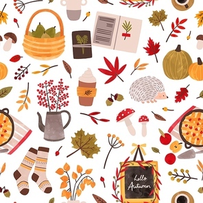 Autumn mood hand drawn vector seamless pattern. Fall season attributes texture. Traditional autumn symbols decorative backdrop. Foliage, plants, food, warm clothes and hedgehog illustration