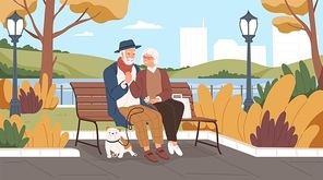 Elderly man and woman have a date in the park. Romantic couple sitting on a bench and smiling. Two senior lovers spend time together. Happy grandparents walk. Vector illustration in flat cartoon style