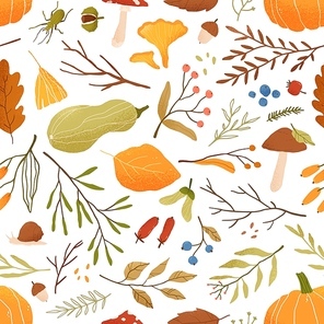 Fall flat vector seamless pattern. Autumn decorative background with pumpkins. Forest leaves and mushrooms texture. Fall season foliage and berries wrapping paper, textile, wallpaper design