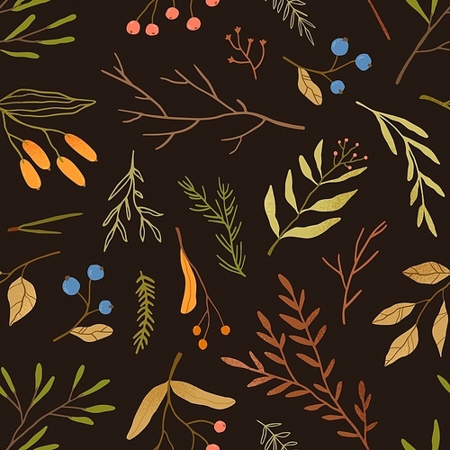 autumn season botany flat vector seamless pattern. dried leaves and branches texture. blueberries twigs on  background. fall season herbarium texture. forest berries textile, wallpaper design
