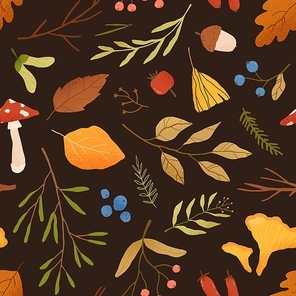 Autumn dried leaves flat vector seamless pattern. Different forest tree branches, mushrooms and berries decorative texture. Fall season foliage illustration. Botanical textile, wallpaper design