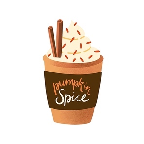 Pumpkin spice latte in disposable cup flat vector illustration. Tasty cappuccino decorated with whipped cream cap isolated on white. Fall season hot sweet beverage. Takeaway mocha drink