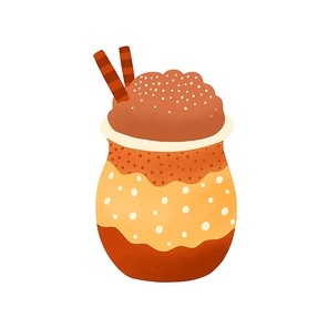 Pumpkin spice latte flat vector illustration. Delicious coffee drink isolated on white . Sweet cocktail with cinnamon, caramel sticks and whipped cream. Cafe product, menu design element