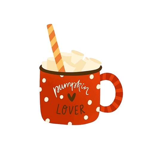Pumpkin spice homemade latte flat vector illustration. Tasty cappuccino with marshmallow and candy cane isolated on white. Fall season hot sweet beverage in red cup. mocha drink in mug