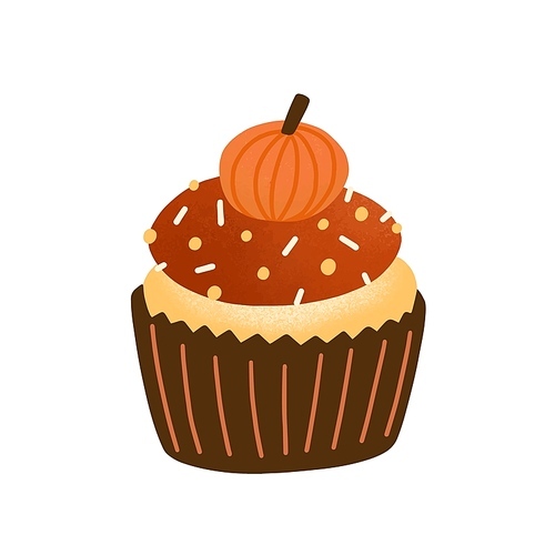 Cupcake flat vector illustration. Tasty muffin decorated with chocolate icing and pumpkin candy isolated on white. Delicious pastry, traditional autumn biscuit. Baked dessert, cake design element