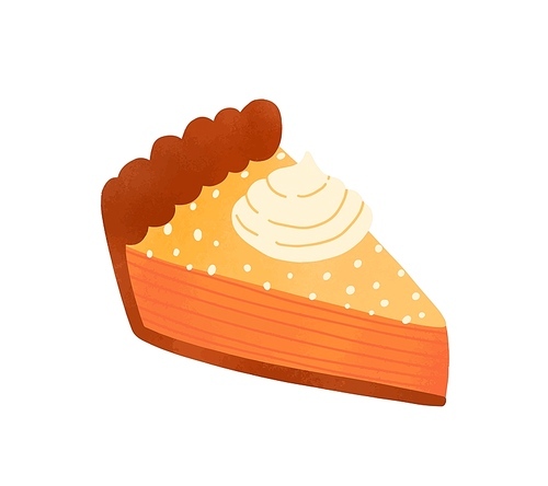 Pie piece flat vector illustration. Tasty cake slice decorated with whipped cream cap isolated on white. Delicious pastry, traditional american cheesecake. Baked dessert, orange tart design element