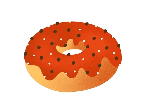 Doughnut flat vector illustration. Tasty donut decorated with chocolate icing isolated on white. Delicious pastry, traditional american snack. Baked dessert, yummy junk food design element