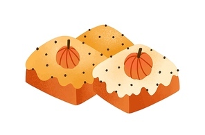 Sweet pumpkin cakes, pies flat vector illustration. Delicious pastry, baking isolated on white . Bakery product, menu design element. Tasty brownies with glaze and little gourds on top