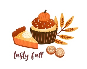 Pumpkin spice pastry flat vector illustration. Delicious fall season desserts and leaf composition with lettering. Tasty cupcake, pie and cinnamon buns. Autumn greeting card, postcard design