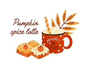 Tasty pumpkin spice latte in cute red cup with sweet biscuits.