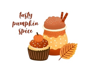 Pumpkin spice latte and cupcake flat vector illustration. Fall season dessert and drink composition with lettering. Cappuccino and muffin on white background. Autumn greeting card, postcard design