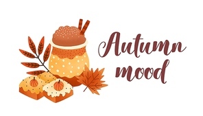 Pumpkin spice latte and biscuits flat vector illustration. Fall season dessert and drink composition with lettering. Hot chocolate and cakes on white background. Autumn mood greeting card design